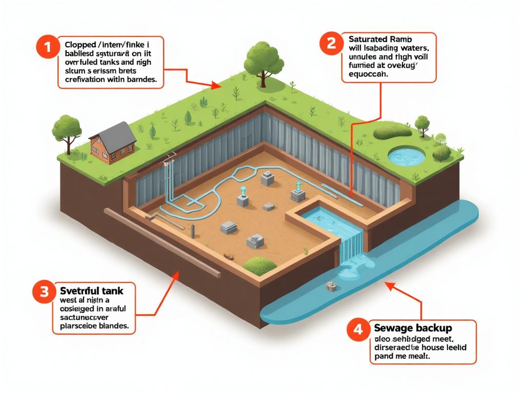 Educational diagram showing common septic system problems including clogged baffles, overfull tank, saturated drain field, and sewage backup