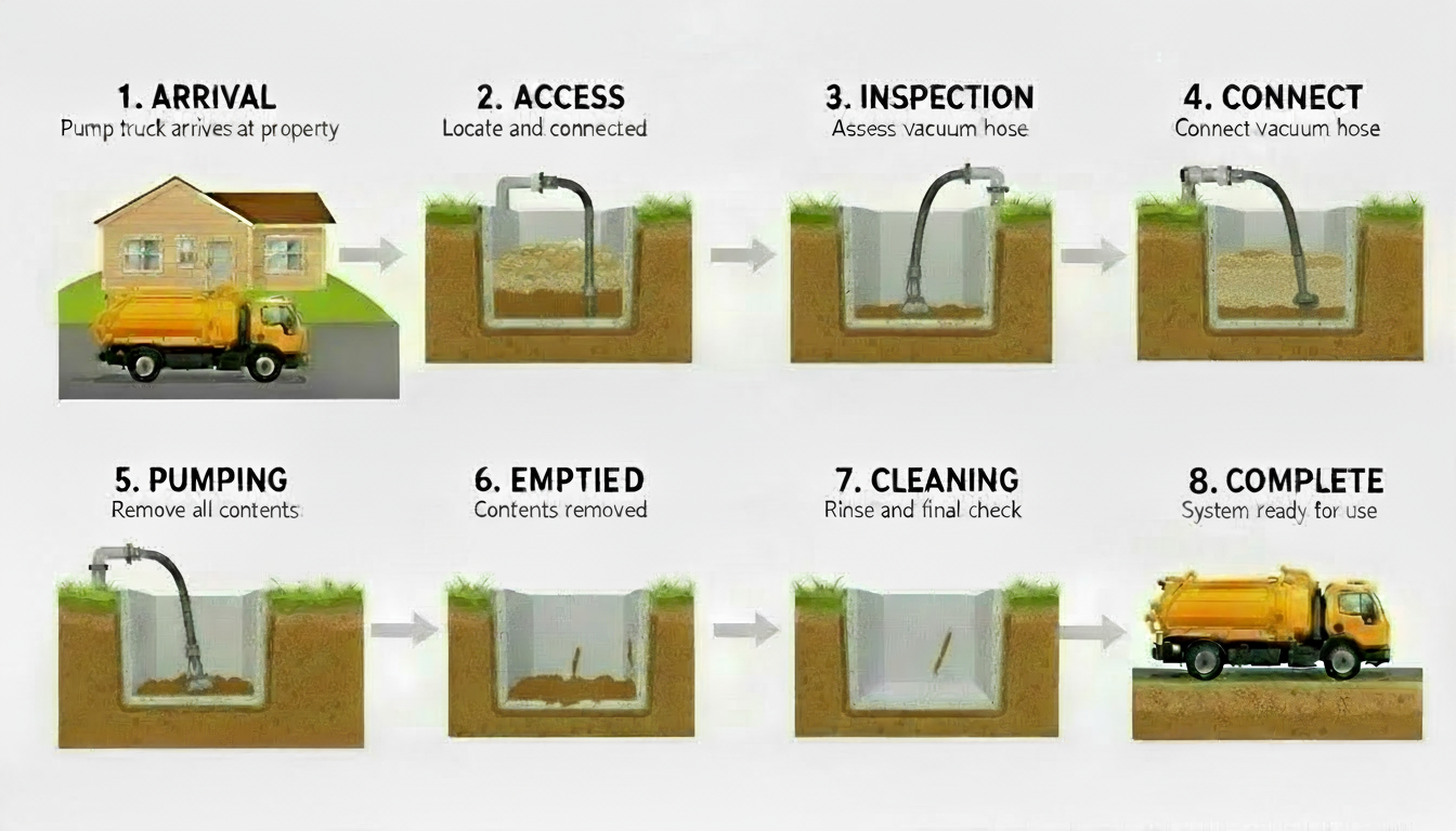 Educational diagram showing the step-by-step septic tank pumping process, including vacuum truck, tank access, and waste removal