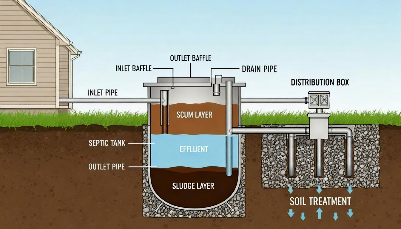 Educational diagram showing how a residential septic system works with labeled components including tank, baffles, and drain field